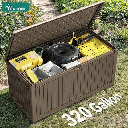 YITAHOME 320 Gallon Extra Large Deck Box | Double-Wall Resin Outdoor Storage Box with Flexible Divider for Patio Cushions Garden Tools, 1000lbs Load Capacity, Lockable