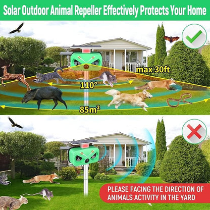 Solar Animal Repeller Ultrasonic,Cat Repellent Outdoor with Motion Detection and LED Flashing Light and Sound,Waterproof Ultrasonic Deer Repellent Repel Dog,Squirrel,Deer, Raccoon,Skunk,Rabbit