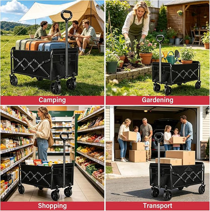 Folding Wagon Cart with All-Terrain Wheels – Heavy Duty Collapsible Utility Wagon for Grocery, Sports, Garden, Camping, Shopping (Black 360LBS)
