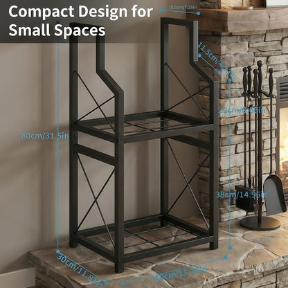 Firewood Rack Indoor Outdoor - 31.5" Vertical Log Holder with Kindling Storage, Heavy Duty 2-Tier Steel Wood Stacker Stand with X-Guardrails for Fireplace, Patio, Porch, Black