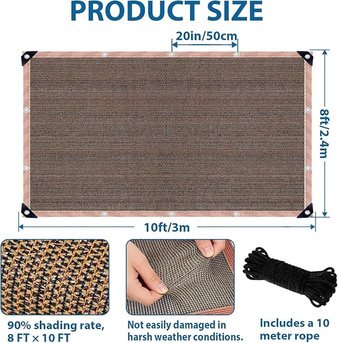 90% Outdoor Sun Shade Cloth, 8 x 10 FT Pergola Shade Cover with Grommets, Privacy Screen Sunshades for Patio Garden Backyard Plant, Mocha