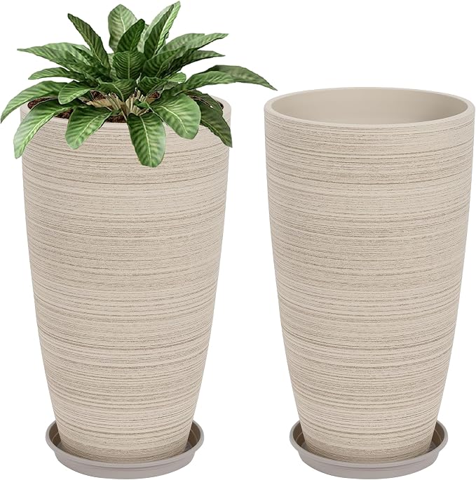 Neoaider Set of 2 Tall Planter, 21 inch Large Plastic Planter, Oat Color | Ceramic-Look, Lightweight, Built-in Drain Hole, Saucers, Tall Outdoor Planter for Porch, Garden, Patio, Balcony