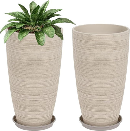 Neoaider Set of 2 Tall Planter, 21 inch Large Plastic Planter, Oat Color | Ceramic-Look, Lightweight, Built-in Drain Hole, Saucers, Tall Outdoor Planter for Porch, Garden, Patio, Balcony