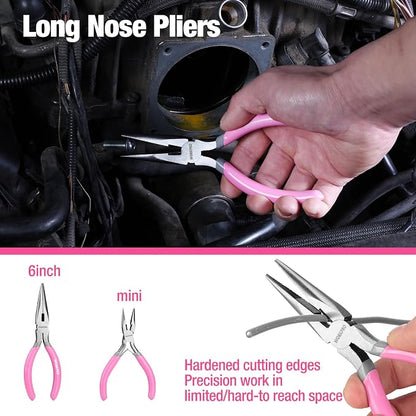WORKPRO 7-Piece Pliers Set - Pink Ribbon | Groove Joint Plier, Long Nose Plier, Slip Joint Pliers, Linesman Pliers, Diagonal Pliers for DIY & Home Use