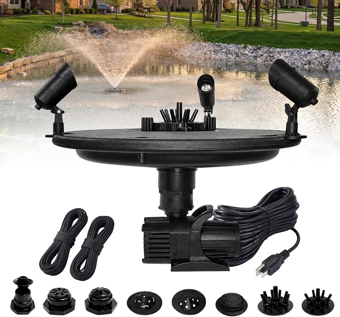 Half Off Ponds 3/4 HP Floating Fountain and Aerator | 8,000 GPH output, 11 spray patterns, Color-changing LED lights, 100 ft power cord, Energy-efficient
