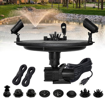 Half Off Ponds 3/4 HP Floating Fountain and Aerator | 8,000 GPH output, 11 spray patterns, Color-changing LED lights, 100 ft power cord, Energy-efficient