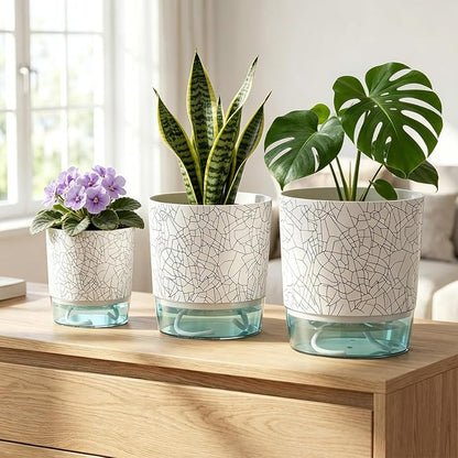 3 Pack Self Watering Pots for Indoor Plants, 4+5.5+6.3 Inch Self Watering Plant Pots, Flower Pots with Wick Rope and Reservoir - Crack Texture