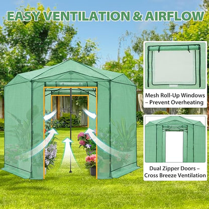 EAGLE PEAK 8.5x8.5 Portable Walk in Greenhouse, Pop Up Indoor Outdoor Greenhouse, Green House Kit with Zippered Roll-Up Doors and Windows, Hexagon Design, PE Cover, Clear/Green
