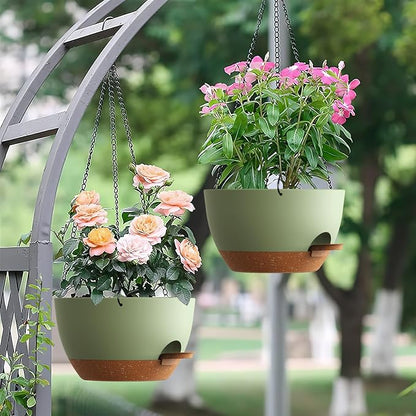 UOUZ Set of 3-10 Inch Self Watering Hanging Planters for Indoor & Outdoor，Hanging Plant Pots with Drainage & Removable Tray, Hanging Pots Holder for Ivy, Ferns, Balcony & Patio, Green and Brown