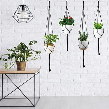 Augshy 4 Set Macramé Plant Hangers,Boho-Style Cotton Rope Hanging Planters, Flower Pot Holders Hangers for Indoor or Outdoor Use, Ceilings, Balconies, and Wall Decoration (Black)