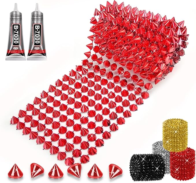 1 Yard Spike for Crafts Stude for Clothing, Red Spike Stud with Glue, Cone Flatback Plastic Trim Mesh for Holloween Party Decoration Costume DIY Crafts