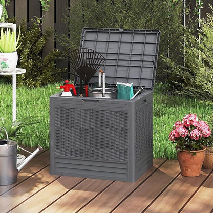Tangkula 25 Gallon Outdoor Storage Box, Waterproof PP Resin Patio Storage Box with with Lockable Lid for Indoor & Outdoor Use, 2-in-1 Rattan Design Deck Box for Patio Cushions, Garden Tools