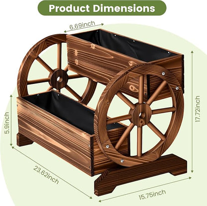 24" Extra Large Rustic 2-Tier Wooden Wagon Planter Box | Carbonized wood flower cart with 2 tiers, drainage holes, liner, and wagon wheels for porch, patio, and garden decor