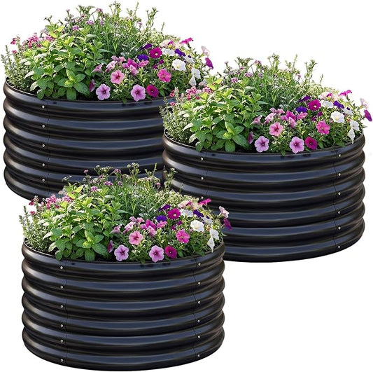 AHEONLAR 3PCS 2x2x2FT Galvanized Raised Garden Bed Kit Round Metal Flower Box Large Planter Raised Beds Outdoor Garden for Planting,Fruit,Herb Black
