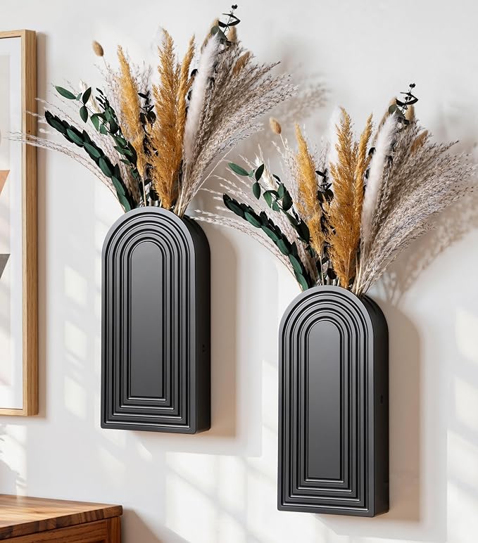 DREAMLOOM 2 Pack Wooden Wall Vases with Dried Pampas Grass and Eucalyptus Plants, Wall Hanging Planters Boho Modern Farmhouse Indoor for Narrow Spaces Entryway Bathroom Home Office Decoration, Black