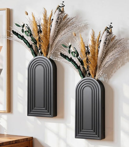 DREAMLOOM 2 Pack Wooden Wall Vases with Dried Pampas Grass and Eucalyptus Plants, Wall Hanging Planters Boho Modern Farmhouse Indoor for Narrow Spaces Entryway Bathroom Home Office Decoration, Black