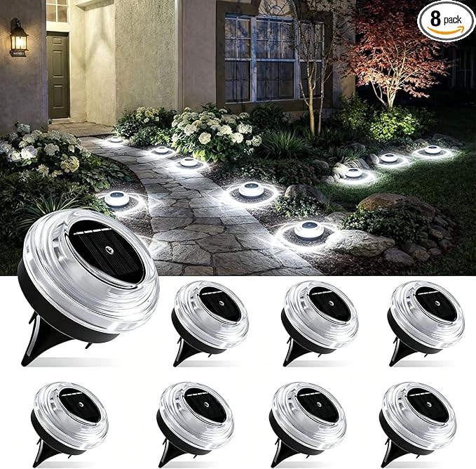 Solar Driveway Lights 8 Pack, Solar Deck Lights Outdoor IP67 Waterproof, 6000K Cool White Solar Ground Lights Landscape Path Lighting for Step Sidewalk Stair Garden Ground Pathway Yard