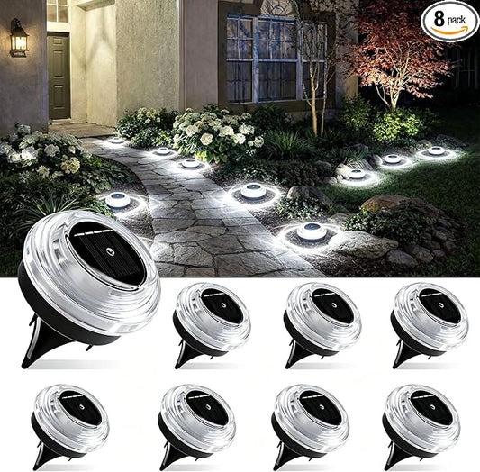 Solar Driveway Lights 8 Pack, Solar Deck Lights Outdoor IP67 Waterproof, 6000K Cool White Solar Ground Lights Landscape Path Lighting for Step Sidewalk Stair Garden Ground Pathway Yard