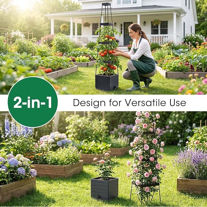 MQFORU 2Pack Raised Garden Bed Planter Boxes with Trellis, 57" Self-Watering Tomato Planter Boxes with Trellis for Climbing Vegetable and Plants, Tomato Cage for Indoor Outdoor Use