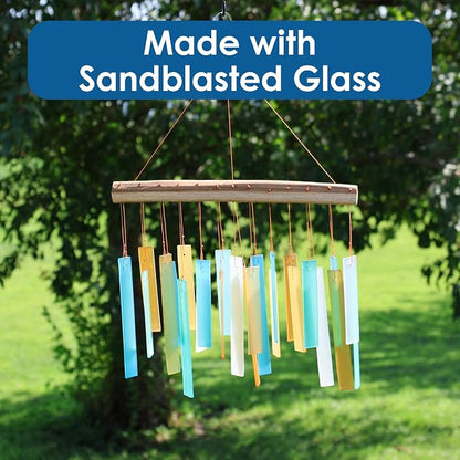 Caribbean Beach Glass Driftwood Wind Chime, Coastal Decor, 11 Inch | Turquoise Beach Colors; Driftwood Accent; Tropical Coastal Decor; Handcrafted Chime