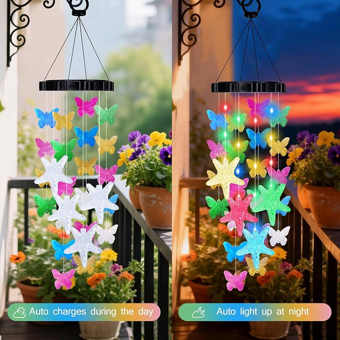 (New) Solar Wind Chimes for Outside, Butterfly Wind Chimes, Outdoor Decorative Wind Chimes with 2 Light Modes for Patio, Garden, Yard, Porch, Gifts for Mom, Grandma, Wife, Family and Friends