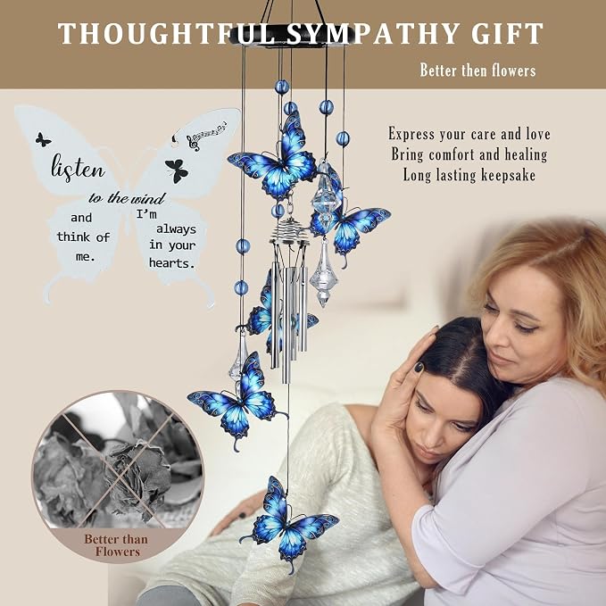 YU FENG Butterfly Memorial Wind Chime, Crystal Suncatcher Outdoor Decor | 27 Inch Metal Hanging Chime, Blue Butterfly Design, Sympathy Remembrance Gift, Garden Yard Patio Decoration