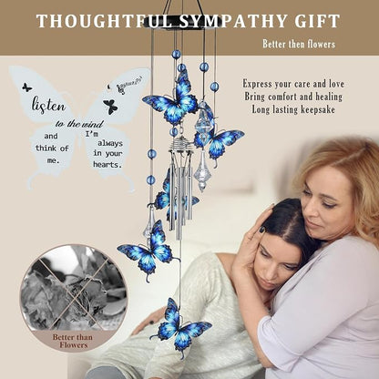 YU FENG Butterfly Memorial Wind Chime, Crystal Suncatcher Outdoor Decor | 27 Inch Metal Hanging Chime, Blue Butterfly Design, Sympathy Remembrance Gift, Garden Yard Patio Decoration