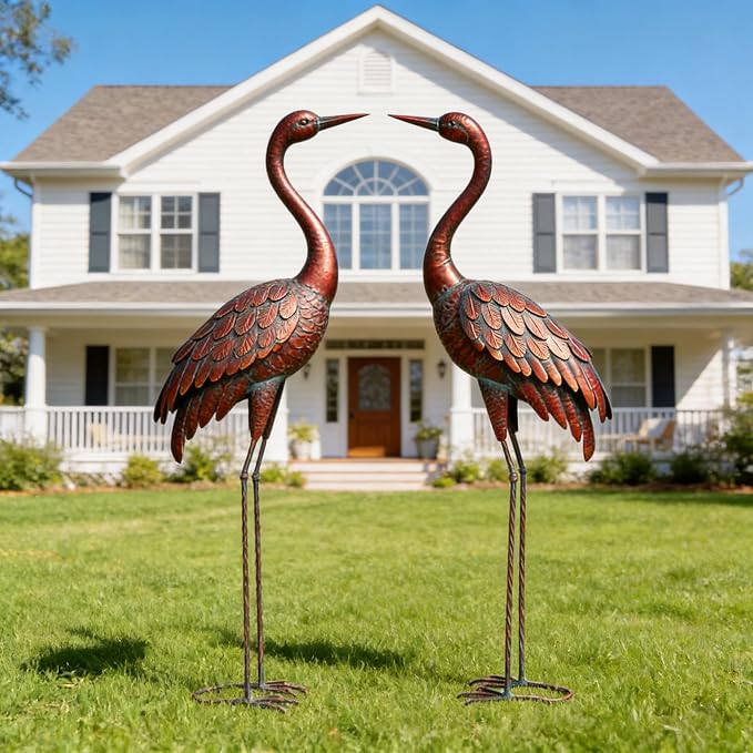 chisheen 2PCS Garden Crane Statues Outdoor Sculptures Metal Yard Art Statue for Garden Decoration Large Size Set of 2