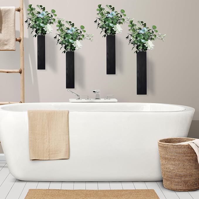 4PCS Black Wall Planters Modern Farmhouse Indoor Decor | Wood Wall Decor, Hanging Planter, For Living Room & Bathroom, Dried Flowers & Faux Greenery
