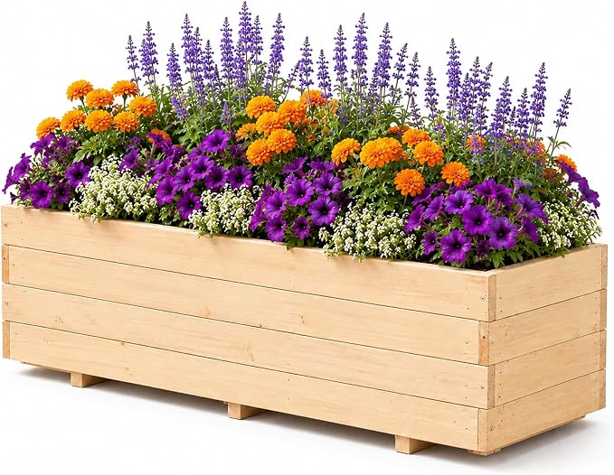 Fir Wood Raised Garden Bed Rectangular Planter for Outdoor Tomato Planter | For Herbs & Flowers Garden Includes Fabric Planter Liner, 4 Drainage Holes