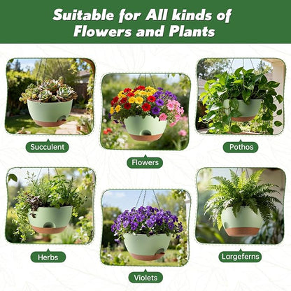 3-Piece Set of 10-Inch Hanging Planters with Automatic Watering System and Drip Tray, Includes Metal Chain, Suitable for Various Indoor and Outdoor Plants and Flowers, Green Brown
