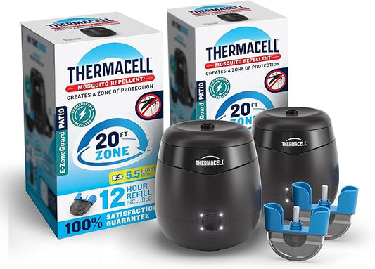 Thermacell E-ZoneGuard Patio Rechargeable Two Mosquito Repeller Value Pack; 20-Foot Zone of Scientifically Proven Outdoor Protection; 5.5-Hr Battery; 24 Hrs of Refill; Bug Spray Alternative; DEET-free