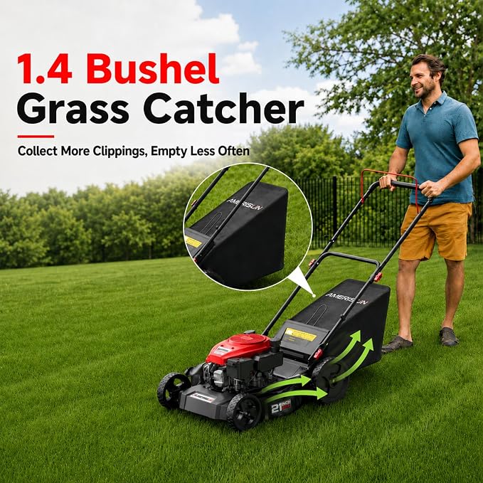 AMERISUN 21” Gas Push Lawn Mower, 144cc 4-Stroke OHV Engine, 3-in-1 Mulching/Side Discharge/Rear Bag, 6-Height Adjustment, High Wheel Walk-Behind Lawn Mower for Medium to Large Yards