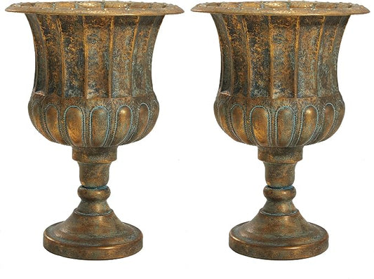 Worth Garden 24.5" H. Metal Urn Planters 2-Pack - Bronze Classic Antique Iron Plant Pots - Large Decorative Rustic Flower Pots for Outdoor Use - Traditional Urn Planter for Patio, Front Porch