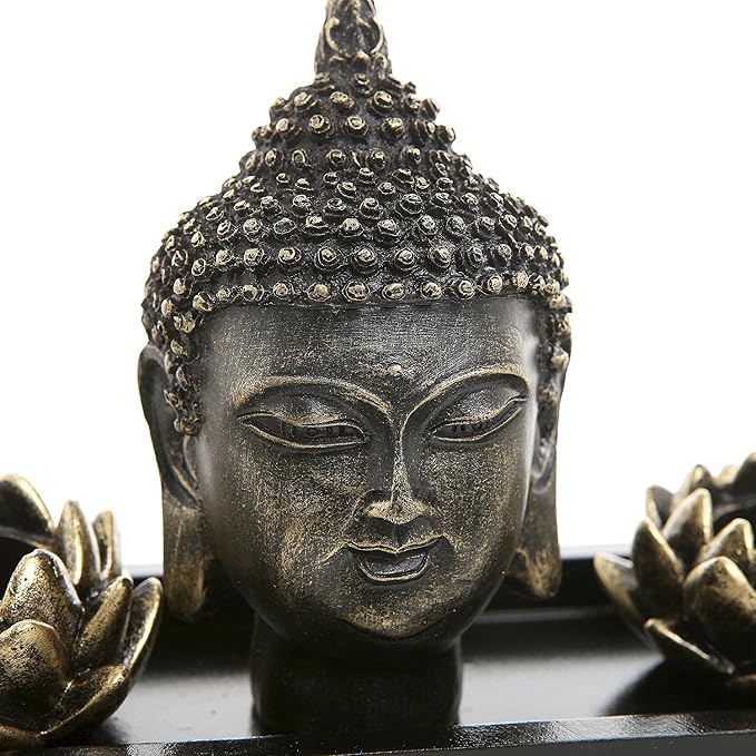 MyGift Black Buddha Head Sculpture Zen Garden Set with Lotus Tealight Candle Holders and Wooden Display Tray, Decorative Tabletop Home Accent