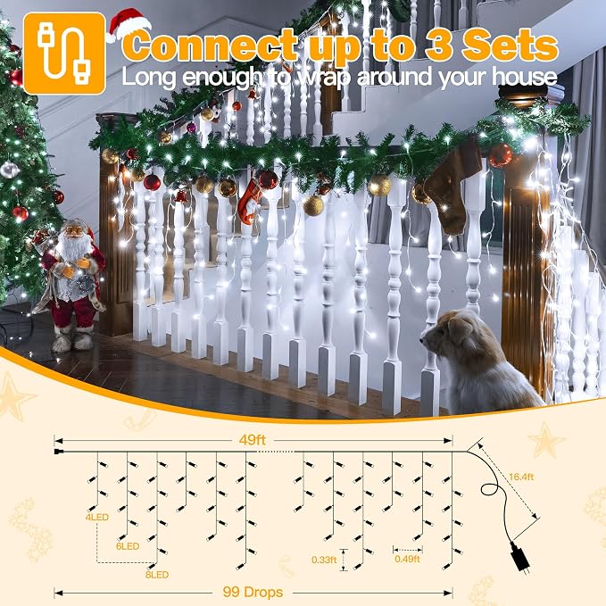 Ollny Icicle Lights Outdoor Cool White, 600LED 49FT Christmas Lights with Remote 8 Modes Dimmable, Waterproof Connectable Timer Hanging Light for House Outside Yard Indoor Decorations