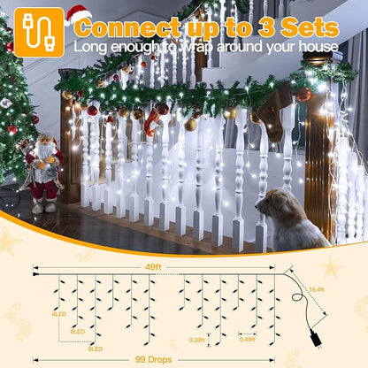 Ollny Icicle Lights Outdoor Cool White, 600LED 49FT Christmas Lights with Remote 8 Modes Dimmable, Waterproof Connectable Timer Hanging Light for House Outside Yard Indoor Decorations