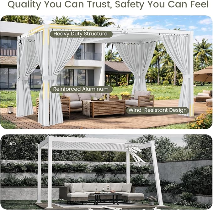 Louvered Pergola 10' x 13' with Waterproof Curtains, Outdoor Aluminum Pergola with Reinforced Steel Roof, Heavy-Duty Hardtop Gazebo, Privacy Privacy Shaded Shelter, White