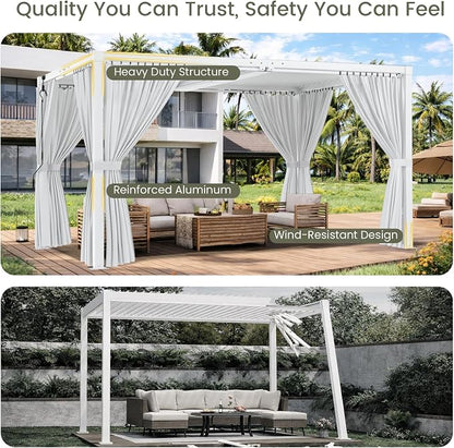Louvered Pergola 10'x13' Outdoor Pergola with Roof, Heavy Duty Aluminum Frame & Waterproof Curtains, Hardtop Gazebo with Adjustable Louvers for Patio, Deck and Backyard, White