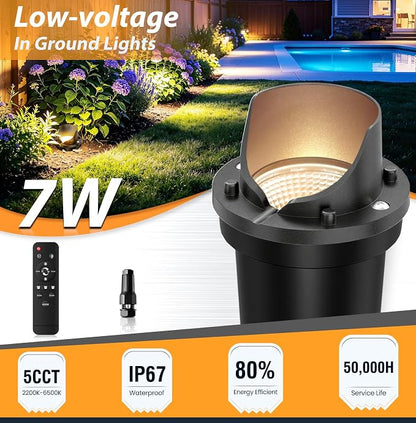 Low Voltage Landscape Lighting, 12-24V AC/DC Well Lights with Remote Control & 4 Connectors, 5CCT In-ground Lights IP67 Waterproof Outdoor Path Lights for Garden Yard, 2 Pack