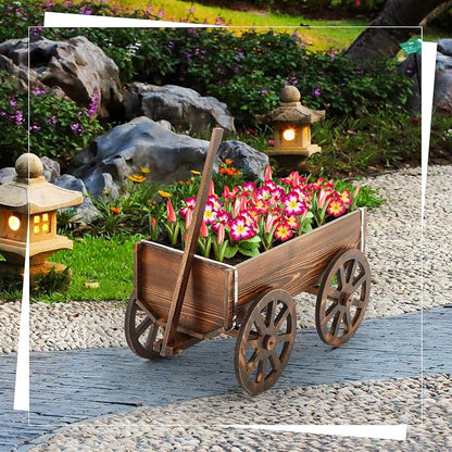 Beeveer Wooden Wagon Flower Planter Cart Garden Planter Box with Wagon Wheels Cart for Home Garden Outdoor Balcony Decorative, Patio Flowers Herbs Vegetables, Brown 23.23 x 11.41(Classic)
