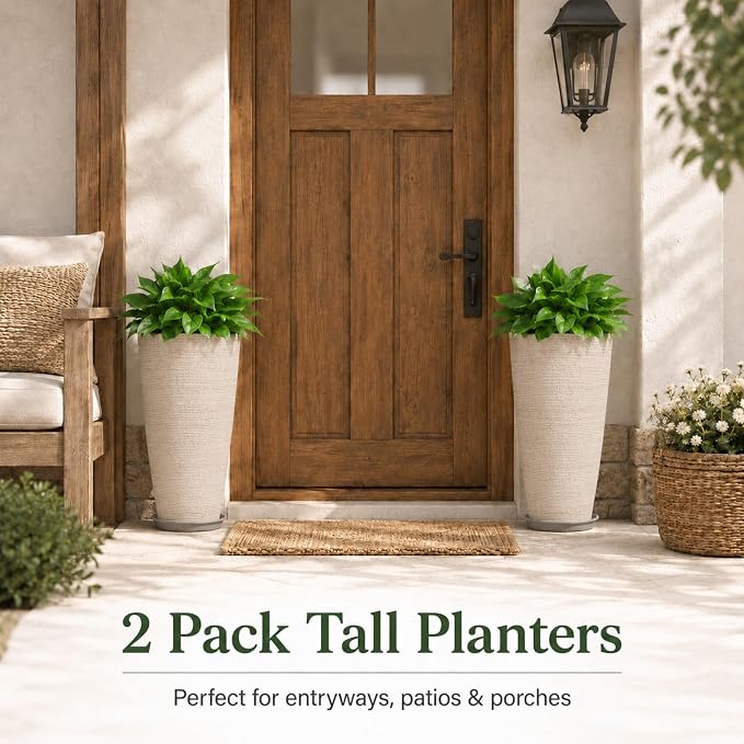 Neoaider Set of 2 Tall Planter, 21 inch Large Plastic Planter, Oat Color | Ceramic-Look, Lightweight, Built-in Drain Hole, Saucers, Tall Outdoor Planter for Porch, Garden, Patio, Balcony