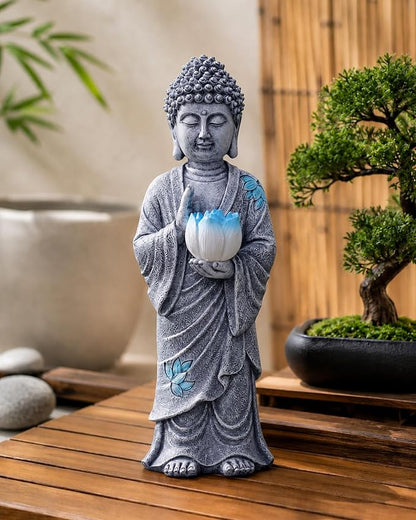 Nacome Solar Buddha Garden Statue Decor: Standing Resin Figurine with Lotus Flower Light Zen Sculpture for Patio Lawn Yard Porch Balcony Meditation Space - 11 inches(Gray)