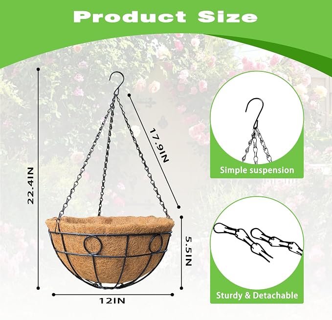 2 Pack 12 Inch Black Metal Hanging Basket Hanging Planter with Coco Coir Liner Heavy Duty Hanging Flower Pot Holder for Indoor Outdoor Patio Garden Porch Balcony Decor (Round)