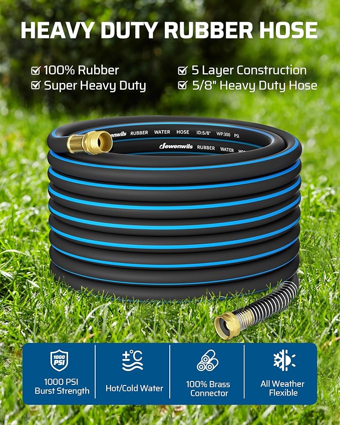 DEWENWILS 5/8" x 50FT Heavy Duty Garden Hose, 300psi Working & 1000psi Burst, Solid Brass 3/4" GHT Fittings, Hot/Cold Water, 5 Layer Construction, Rubber Water Hose for Yard, Garden, Lawn