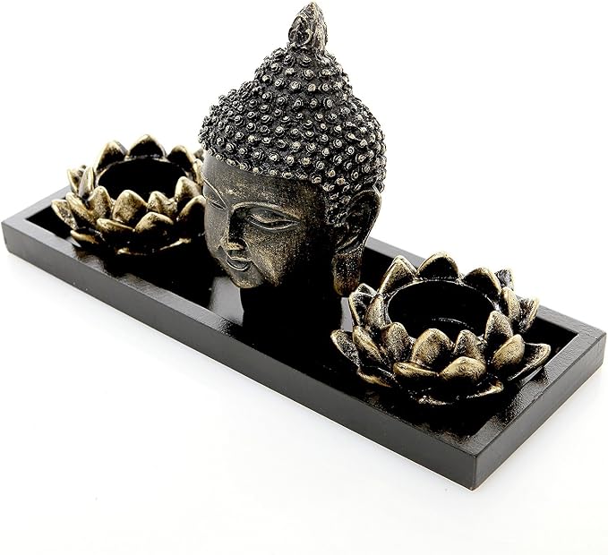 MyGift Black Buddha Head Sculpture Zen Garden Set with Lotus Tealight Candle Holders and Wooden Display Tray, Decorative Tabletop Home Accent