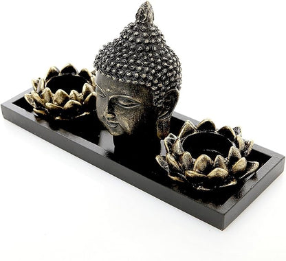 MyGift Black Buddha Head Sculpture Zen Garden Set with Lotus Tealight Candle Holders and Wooden Display Tray, Decorative Tabletop Home Accent