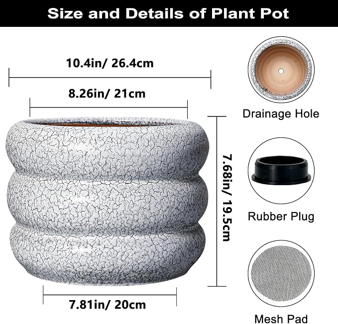 SQOWL Ceramic Planter - 10 Inch Ceramic Plant Pot Indoor, Round Planter with Drainage Hole, Modern Flower Pots Outdoor, Home Living Room Garden Decor, Gardening Gifts, Black and White