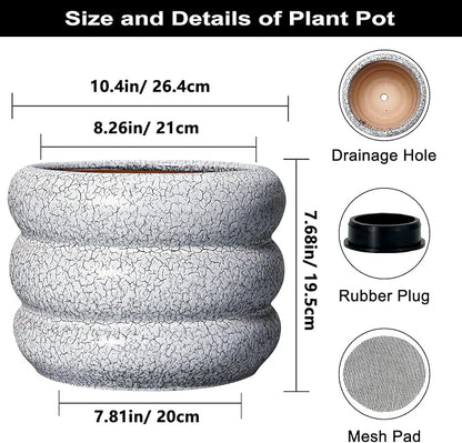 SQOWL Ceramic Planter - 10 Inch Ceramic Plant Pot Indoor, Round Planter with Drainage Hole, Modern Flower Pots Outdoor, Home Living Room Garden Decor, Gardening Gifts, Black and White