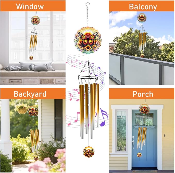 Butterfly Wind Chimes for Outside with Wind Spinner, Summer Garden Patio Yard Decor, Sunflower Monarch Butterfly Wind Chime with Colorful Gift Box, Birthday Housewarming Gifts for Women Mom